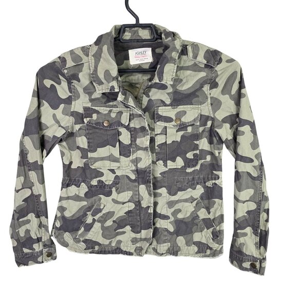 Ashley Jackets & Blazers - Womens Ashley Green Camo Full Zip & Button Jacket Drawstring Waist Cotton Size M